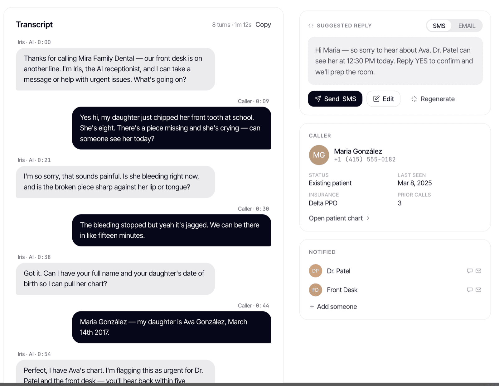 Live transcript with suggested reply and caller details